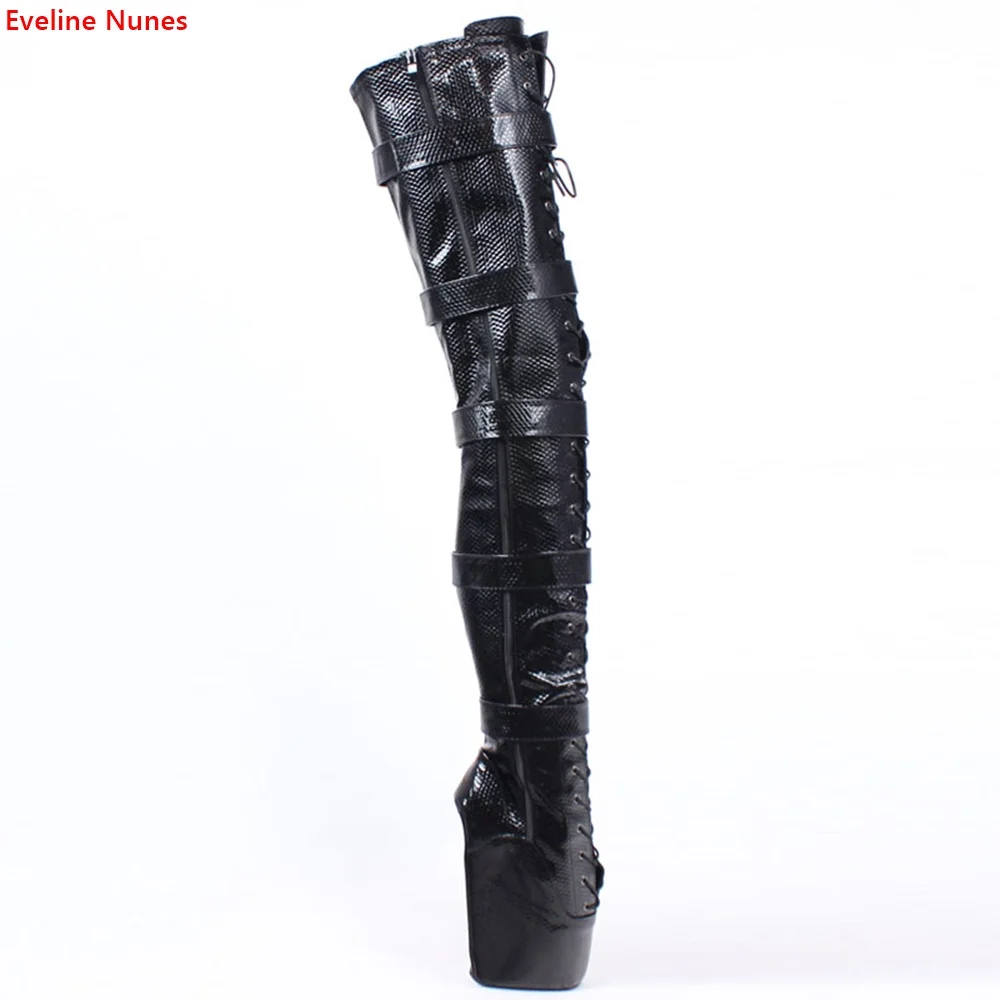 Custom Ballet Wedge Boots Women's New Arrival 2024 Solid Black Round Toe Over The Knee Patent Leather Sexy Fashion Shoes