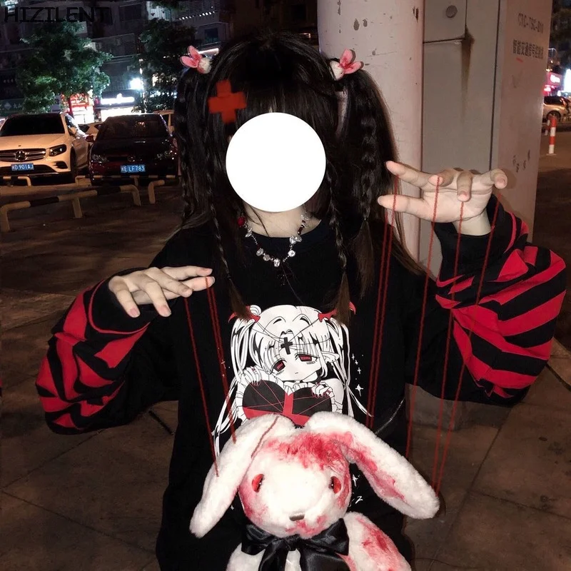 Summer Kawaii Goth Black Anime Graphic Oversized T Shirt Top Women T-shirt Loose Short Sleeve T Shirt Femme Grunge Y2K Clothes