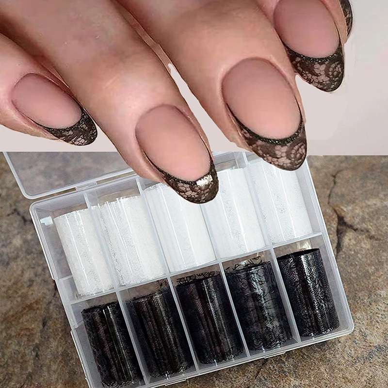 1/10 Rolle Elegante Schwarz-Weiße Spitzenblumen-Nageltransferfolien Fantasie Retro Blumenmuster Sternenhimmel Papieraufkleber Maniküre-Zubehör – Detail 6