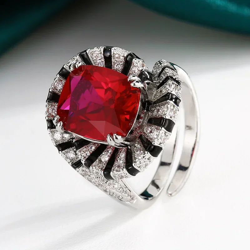 

Adjustable Vintage Inspired Cushion Cut Green Red Gem Ring Black White CZ Accents 10×12mm Main Stone Luxury Statement Jewelry