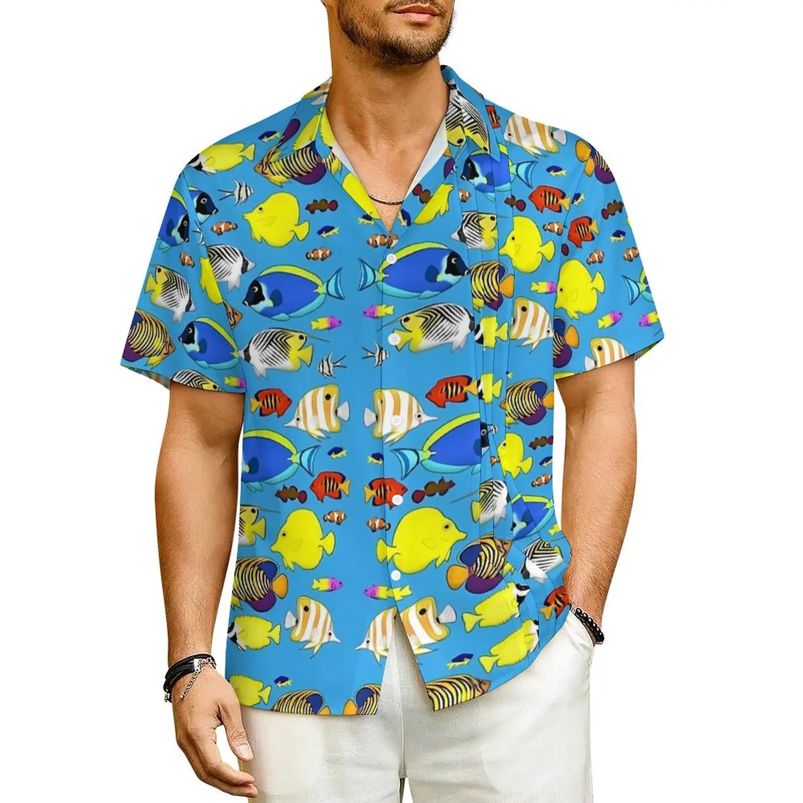 

Cute Sea Fish Beach Shirt Male Colorful Reef Fish Vintage Casual Shirts Summer Short Sleeves Streetwear Plus Size 4XL Blouses