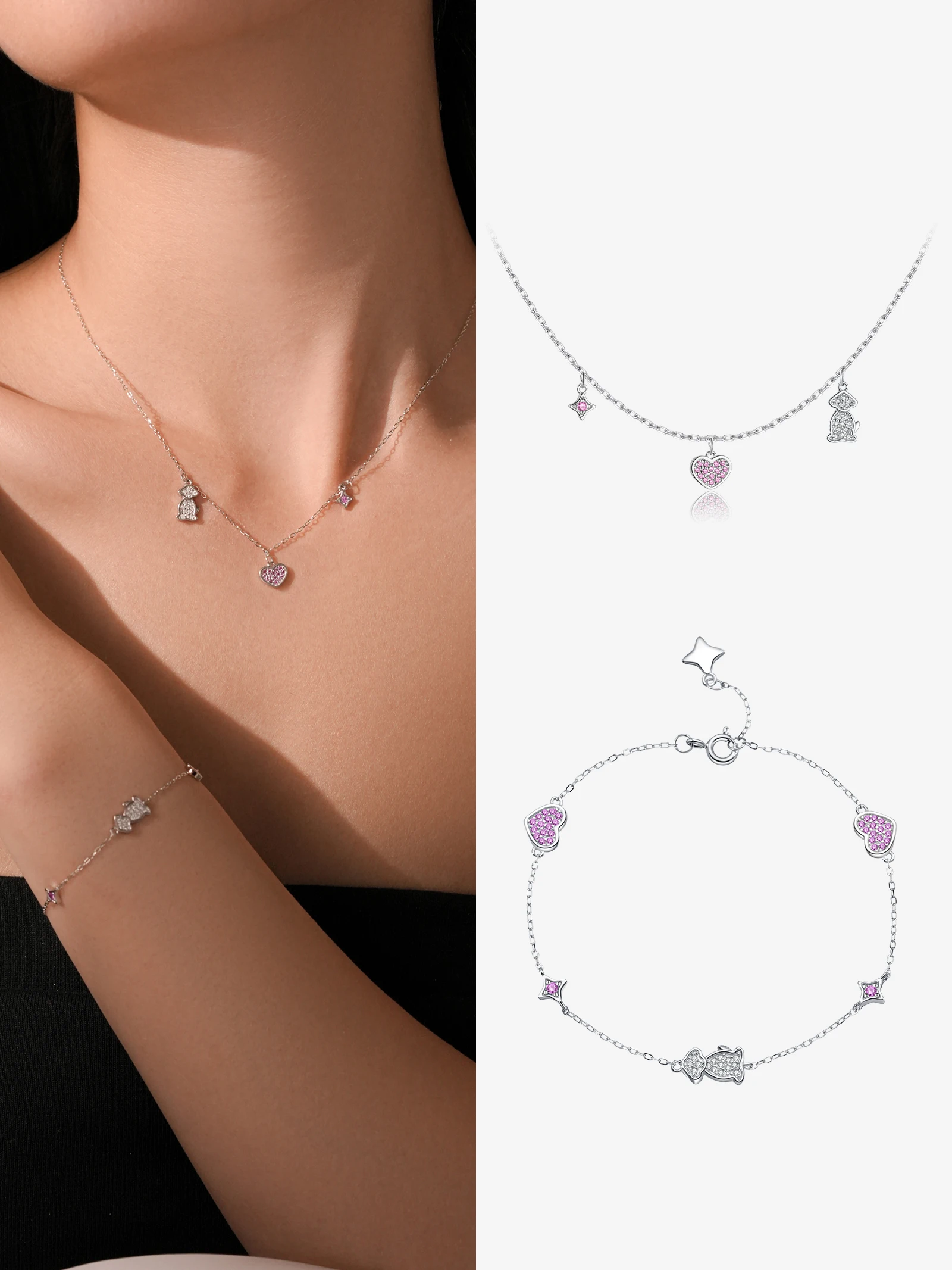 

ANDYWEN 925 Silver Heart Bow Set, Lavender CZ Necklace & Bracelet, Sweet Jewelry Gift Box for Women, Valentine's Day Wear