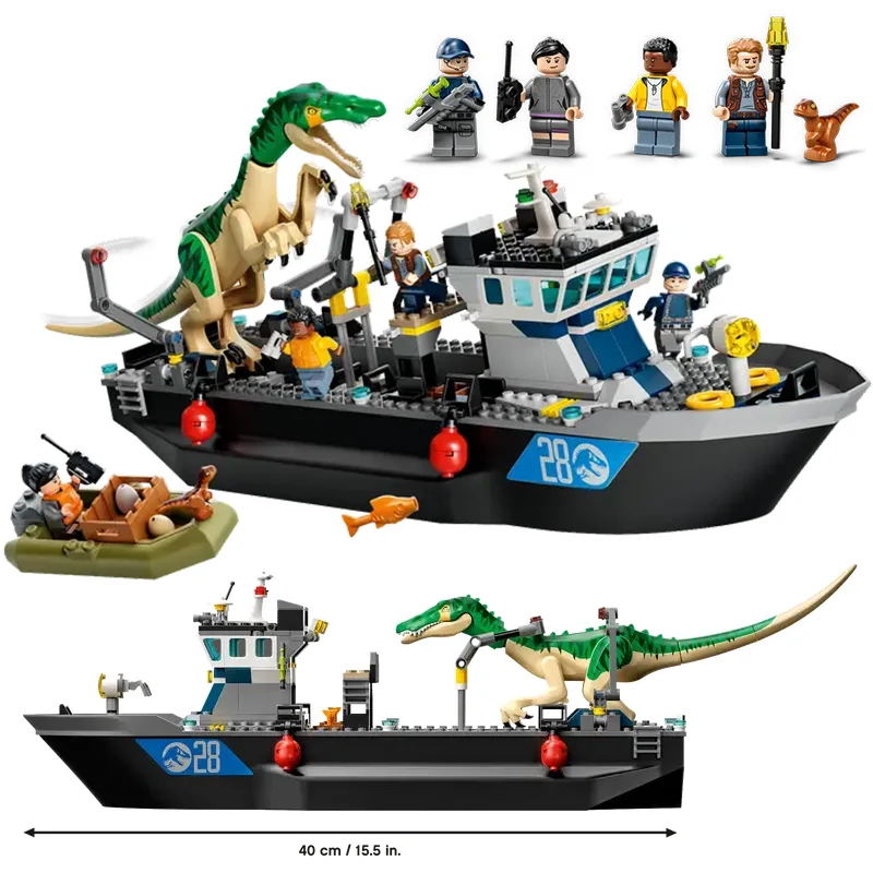 Blocs de construction de la série mondiale des dinosaures, Baryonyx, bateau dinosaure, évasion flottant, cadeau pour enfants, jouets de parc de dinosaures, 76942