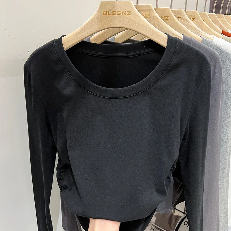 한국 스타일 심플 베이스 레이어 탑 2025 슬림핏 긴팔 O넥 여성 티셔츠 가을 사이드 플리츠 솔리드 다용도 티셔츠