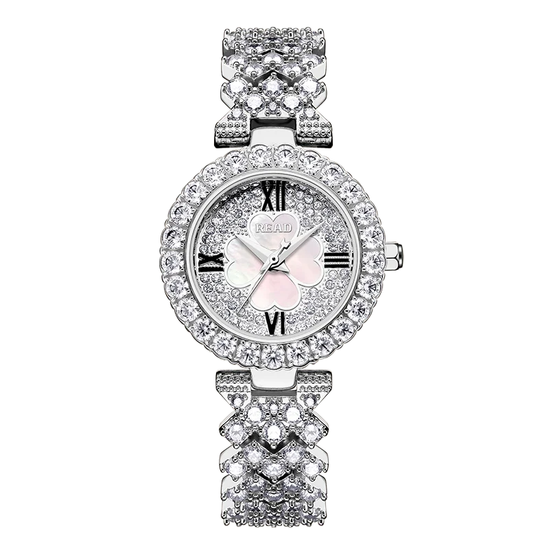 READ Women Quartz Wrist Watch | Clover Dial | Full Paved Metal Bracelet | Daily Water Resistant Ladies Dress Watch