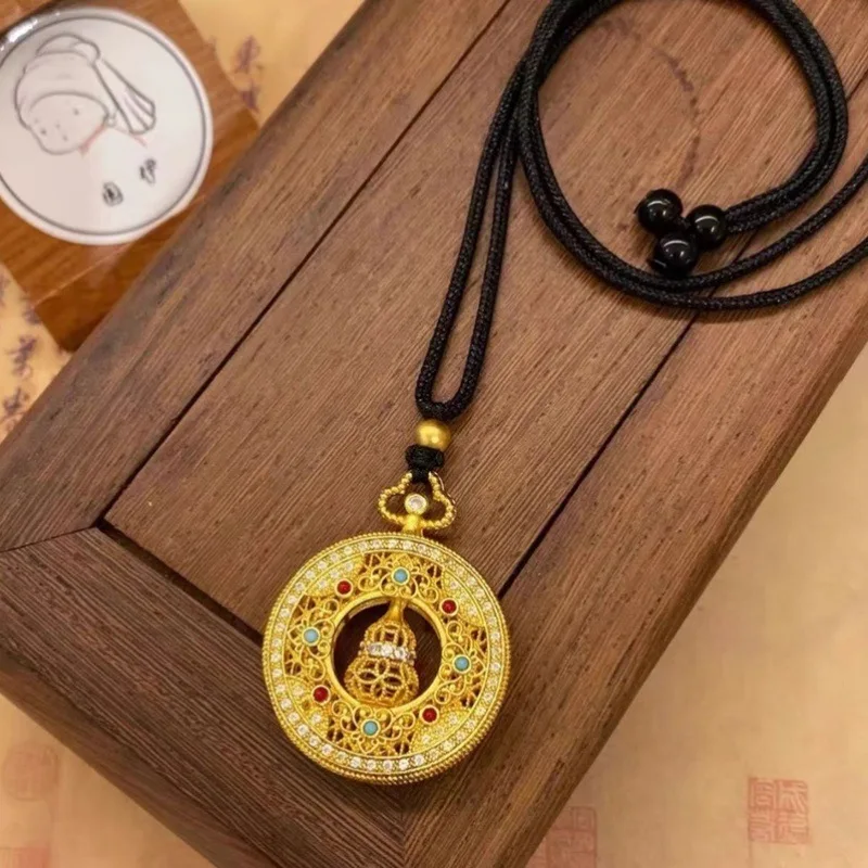 Gold Plated Copper China-Chic Ancient Round Brand Hollowed Out Gourd Eight Treasure Compass Pendant Necklace Court Imitation Re