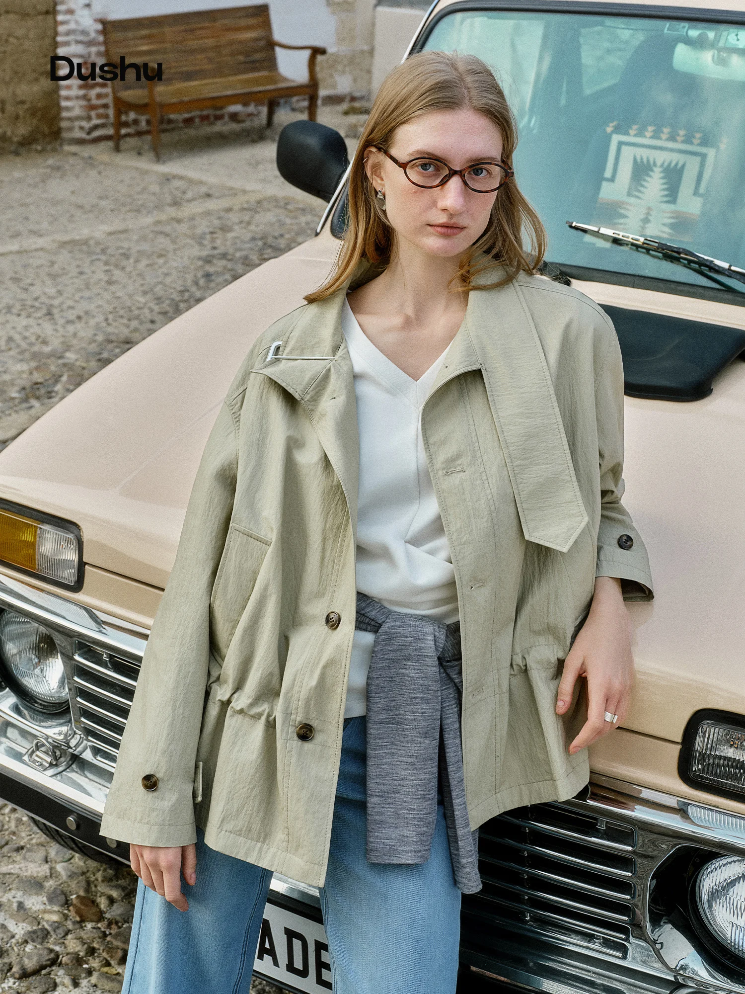 DUSHU Drawstring Trench Coat New Spring 2026 Cropped Trench Coat for Women Loose Classical Commuting Outwear Cotton Soft