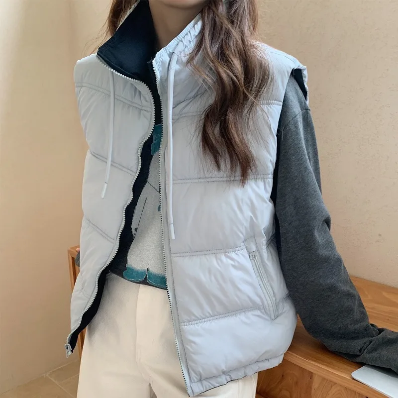 Women Padded Vest Jackets Zipper Stand Collar Reversible Loose Windproof Pocket Drawstring Hem Autumn Winter Casual Vest Jackets