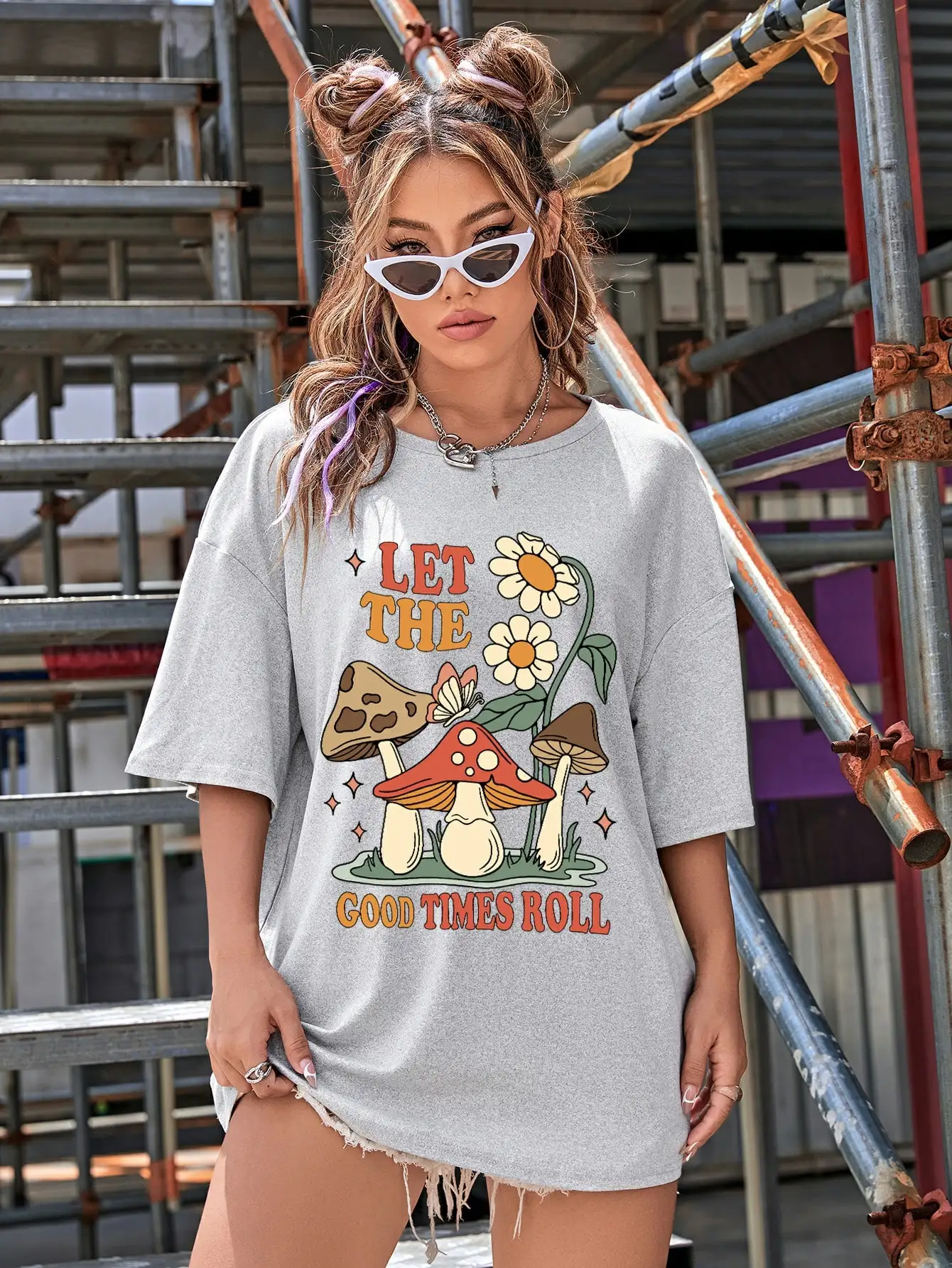 Let The Good Times Roll Mushroom Flower Graphic T-Shirt Women Cotton Brand Clothing Casual Fashion Short Sleeve O-Neck T Shirts