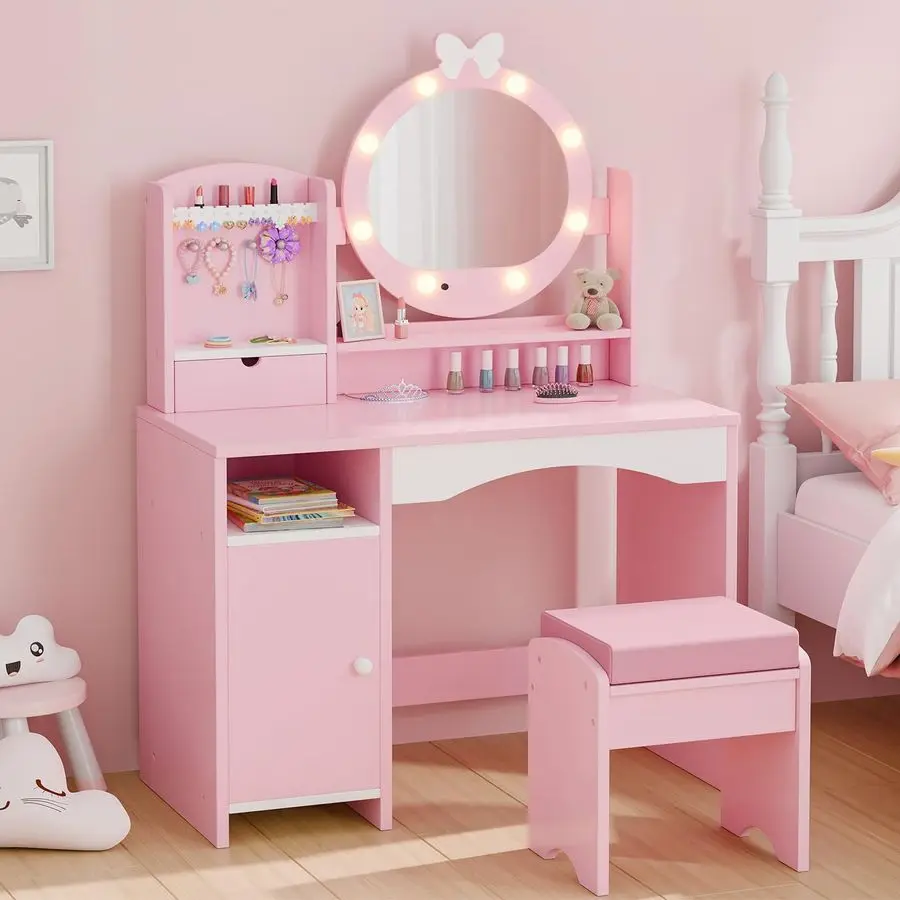 

Kids Vanity Table and Chair Set Princess Girls Vanity Set with Mirror, Lights, Jewelry Storage, and Cushioned Stool, Toddler Mak