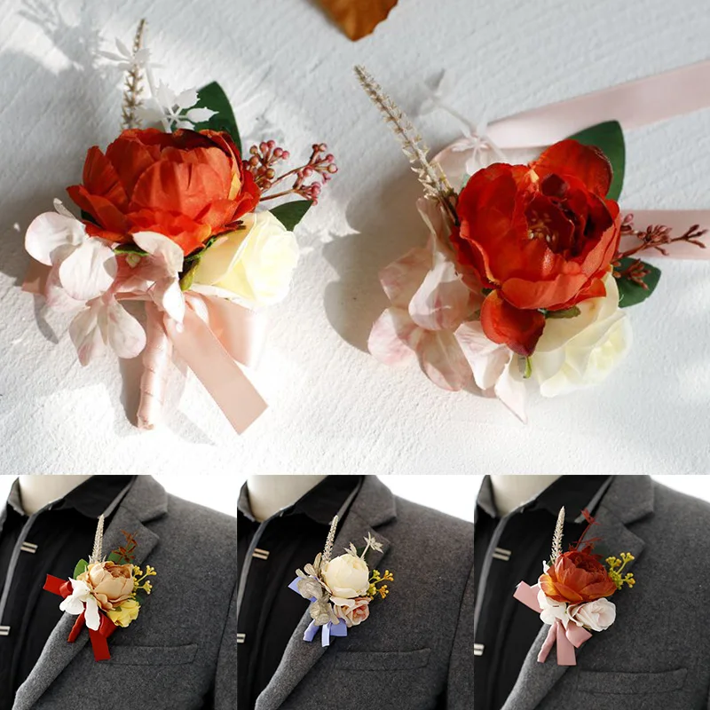 Silk Roses Boutonniere Wedding Simulation Peony Corsage Bracelet Bridesmaids Groom Wrist Flowers Marriage Accessories