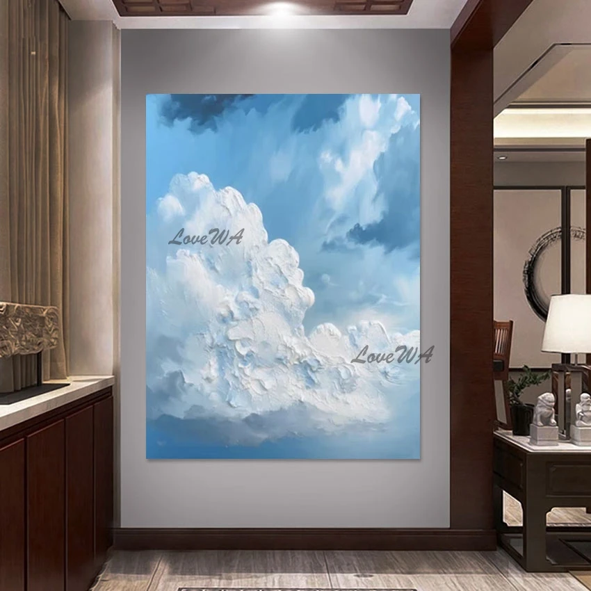 Thick Textured White Cloud, Modern Abstract Acrylic Painting, No Framed, Wall Art Picture For Hotel, Canvas Home Decoration