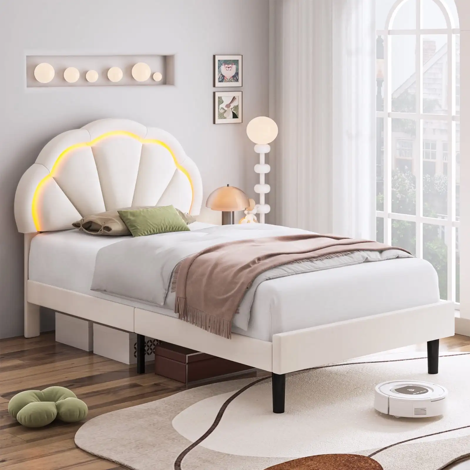 

LED Bed Frame, Twin Size Velvet Upholstered Platform Bed with Adjustable Headboard, Lights Seashell Bed for Kids Girls,
