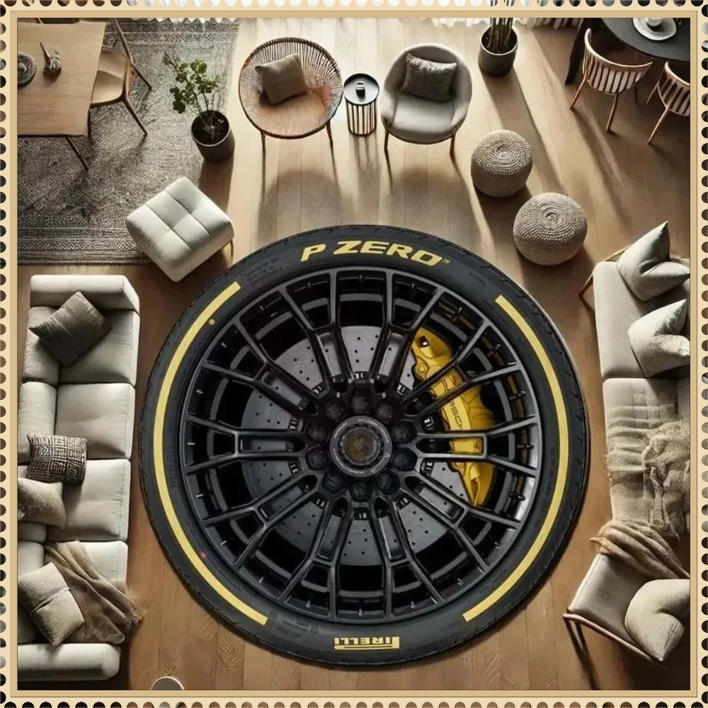 Car Tire Design Carpet Mat Rug Mechanical Wheel Pattern with P ZERO Branding Home Decoration Floor Mat Living Room Decoration