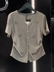 Gray butterfly star full of diamond V-neck top women 2025 summer fashion folding waist slimming cardigan short-sleeved T-shirt