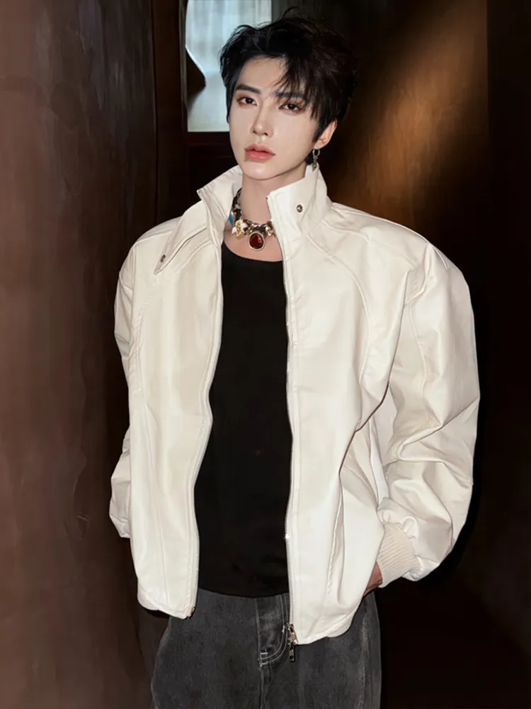 White American Style Men's Short Jacket Motorcycle PU Leather Coat Cool Shape Streetwear Male Model Outfit Standard Fit Zipper