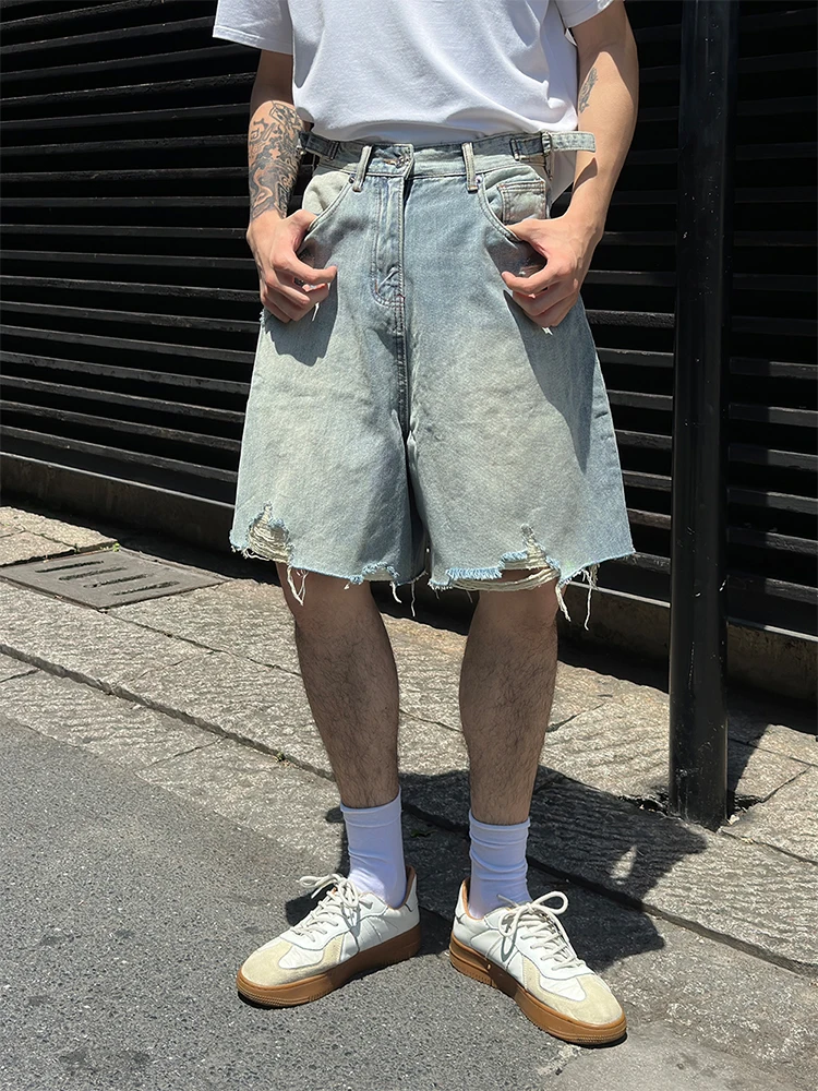 

Рваные джинсы с американской талией в стиле ретро, мужские летние прямые свободные повседневные пятиточечные модные синие джинсовые брюки со средней и низкой талией