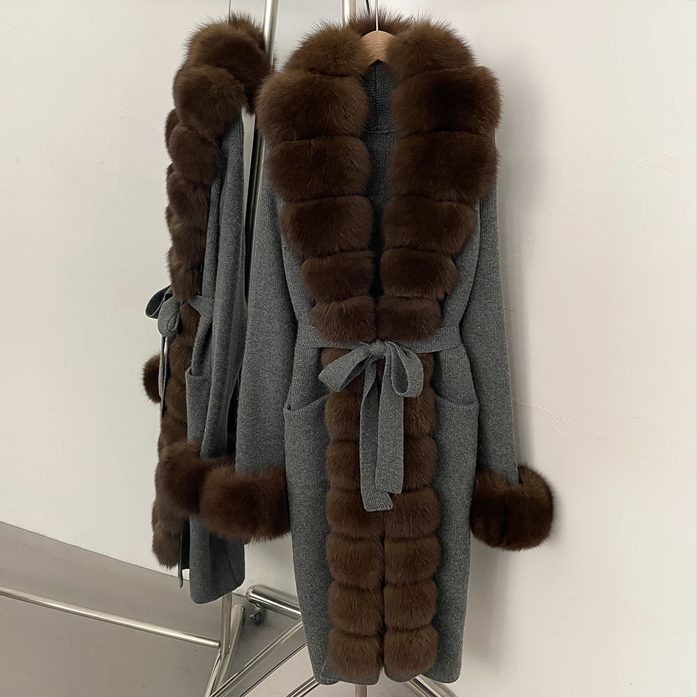 Pull Femme dame manteaux de fourrure naturelle tricot femmes à manches longues haut tricoté Cardigan Femmes vraie fourrure veste Femme 2026