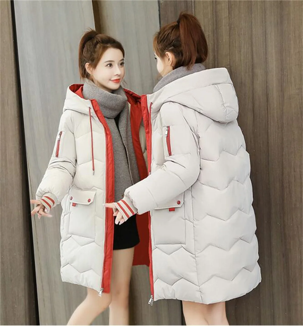 Women Winter Mid-length Quilted Coat Hooded Overcoat Thick Warm Jackets Contrast Pockets Fashion Parkas Casual Loose Down Jacket