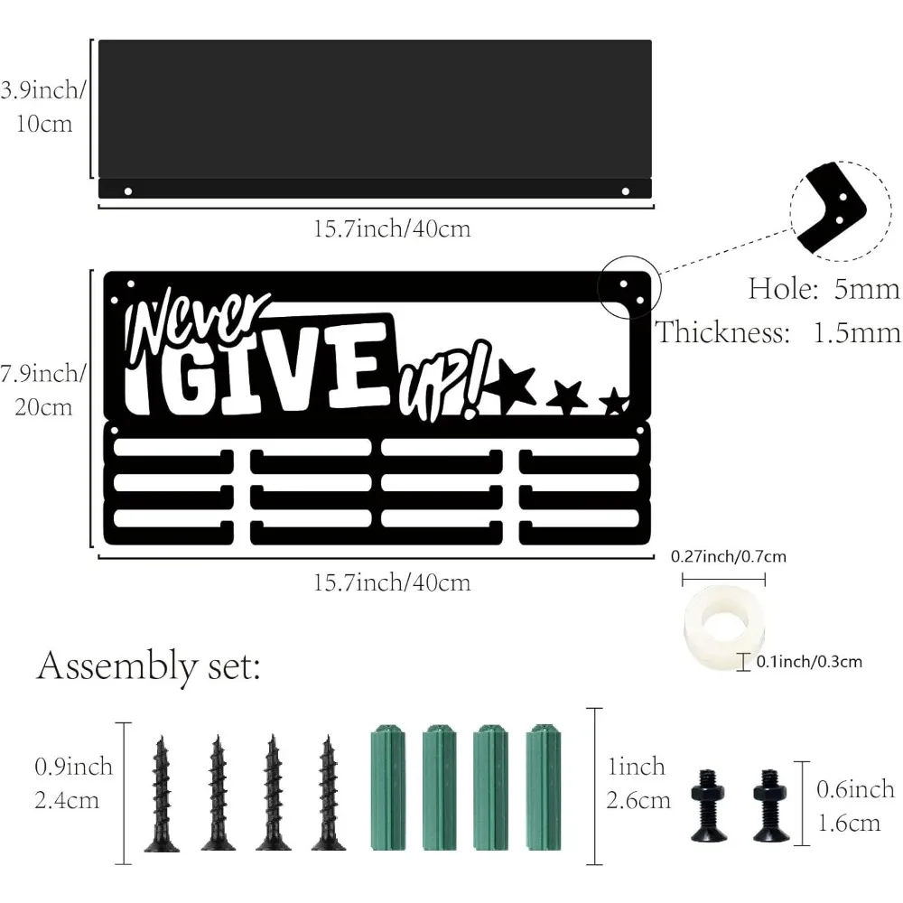 Medal Hanger Display Trophy Shelf Medal Holder with Shelf Stand Never Give Up Sports 4 Rows Metal Hanging Wall Mount making kit