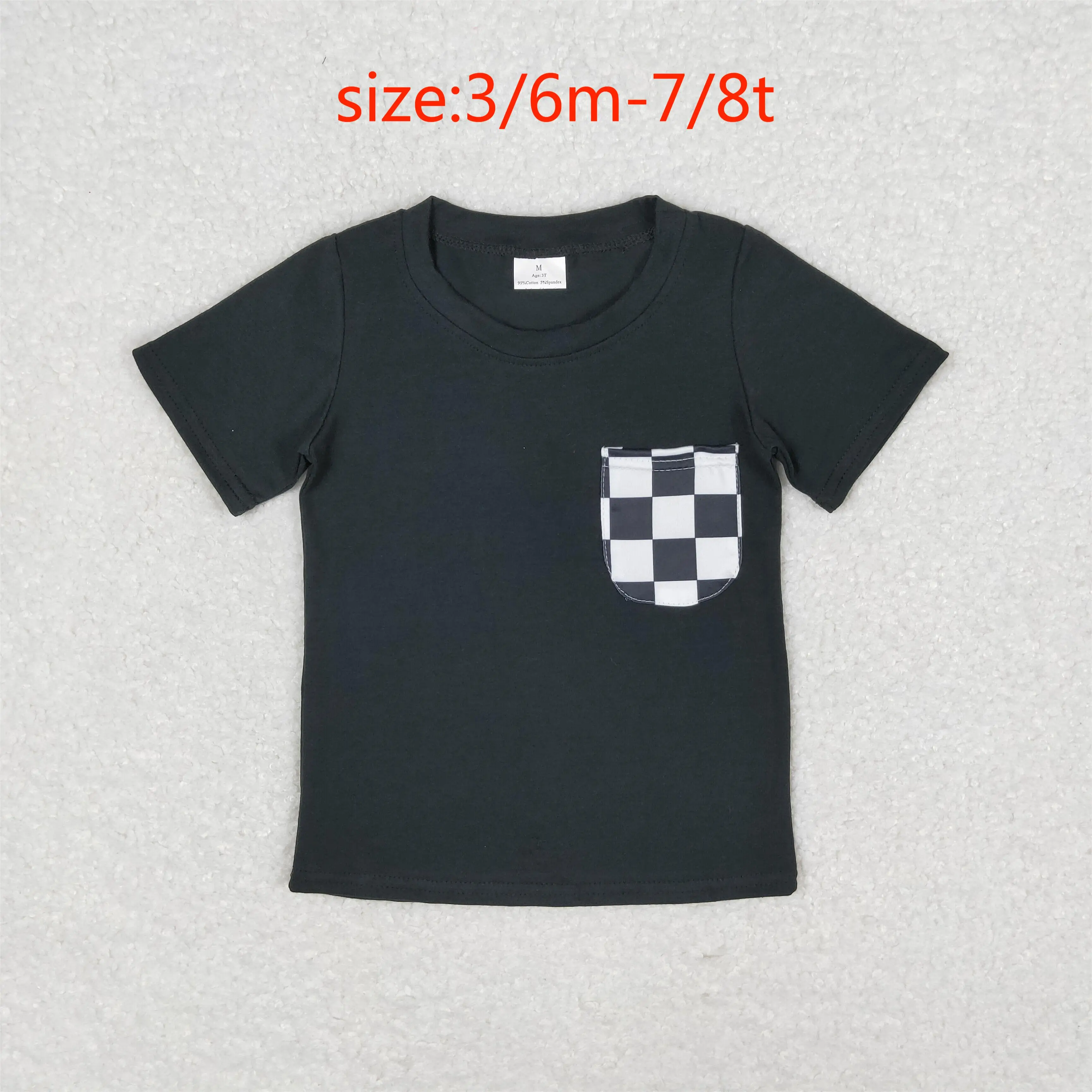 

z920-09 BT0660 Wholesale New arrival baby boys clothes Black plaid pocket short-sleeved top For Summer Boutique boys t-shirts