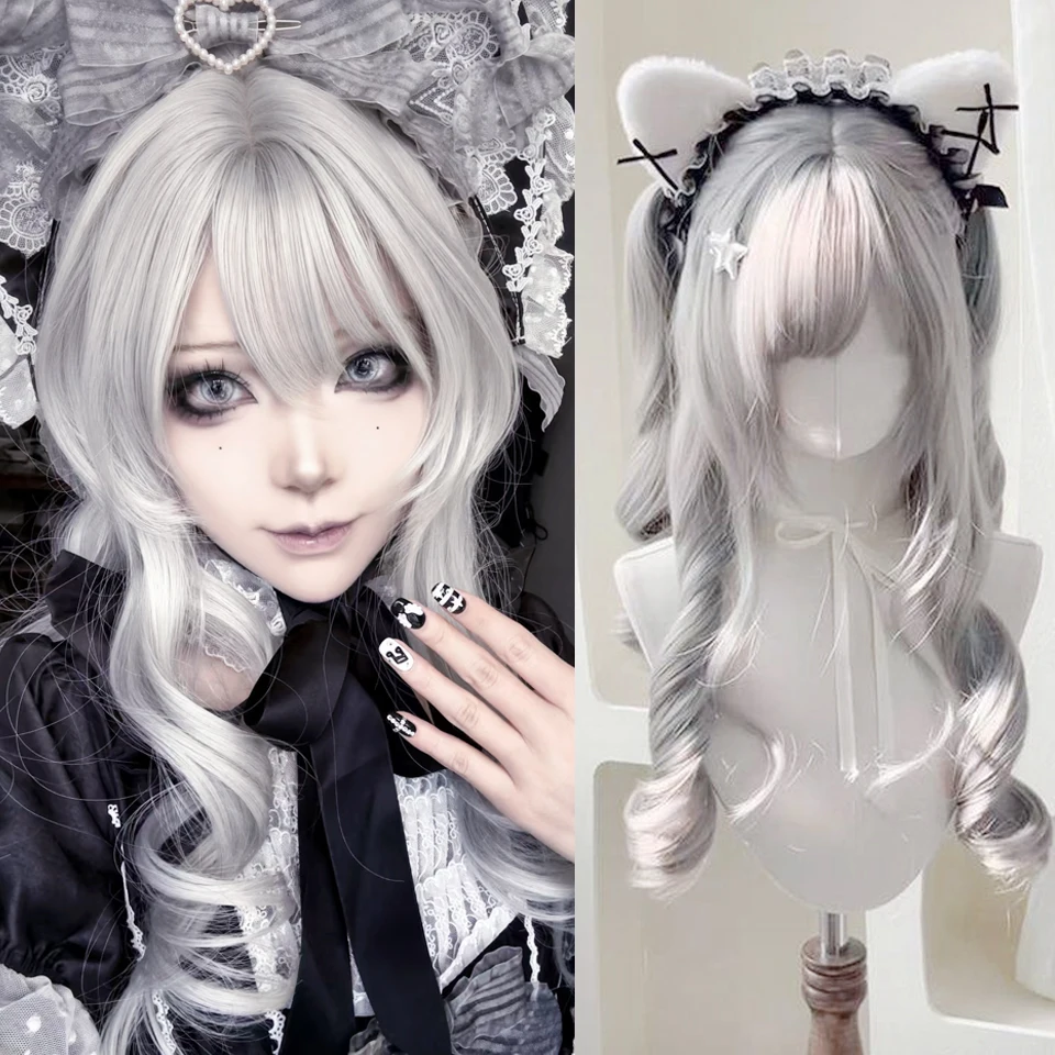 Silver Grey Long Wavy Synthetic Wig for Women with Bangs Curly Heat-Resistant Fiber Cosplay Wig for Halloween Costume Party Use