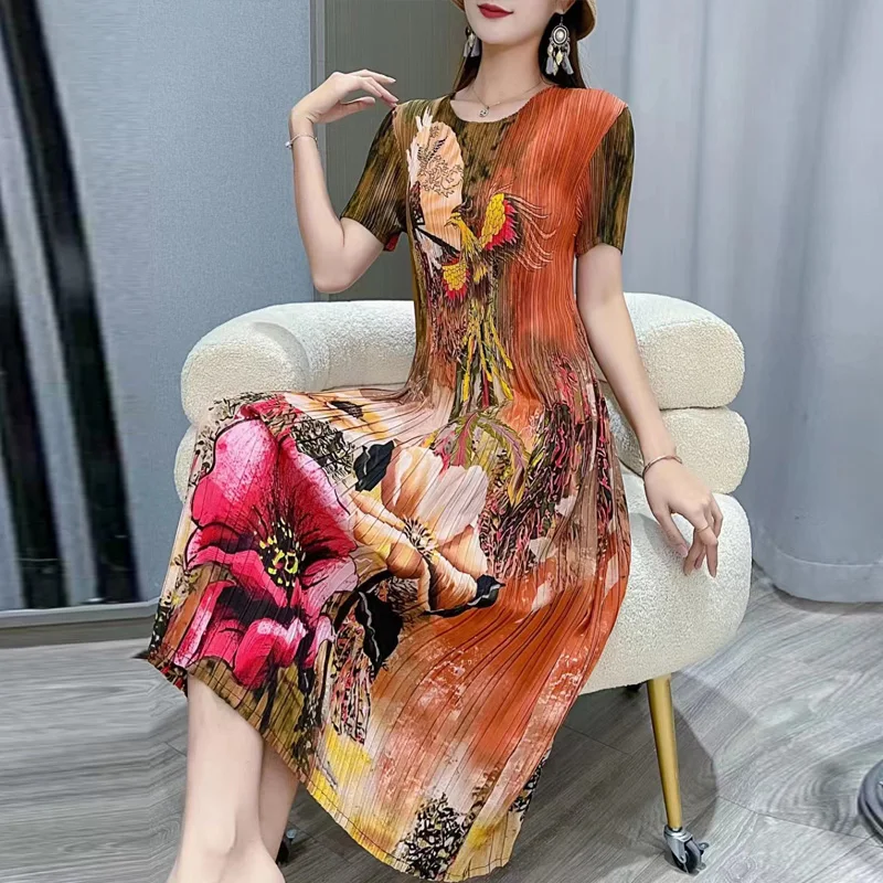 2023 Summer New Style Silk Printed Dress Women's Fashion Short Sleeves Round Neck Waist Shrinking Holiday Party Vestidos