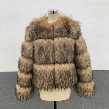 Image Women Fashion Faux Raccoon Fur Coat Luxury Short Furry Fur Top Jacket Women Winter Warm Plush Fluffy Fur Coats for Women