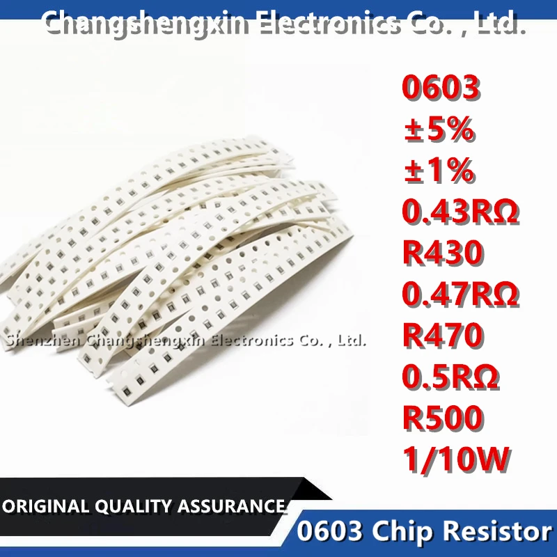 

50PCS 0603 SMT Chip Resistor Tolerance ±5% ±1% Resistance 0.43RΩ 0.47RΩ 0.5RΩ Ohm screen printing R430 R470 R500 1/10W 0.1W