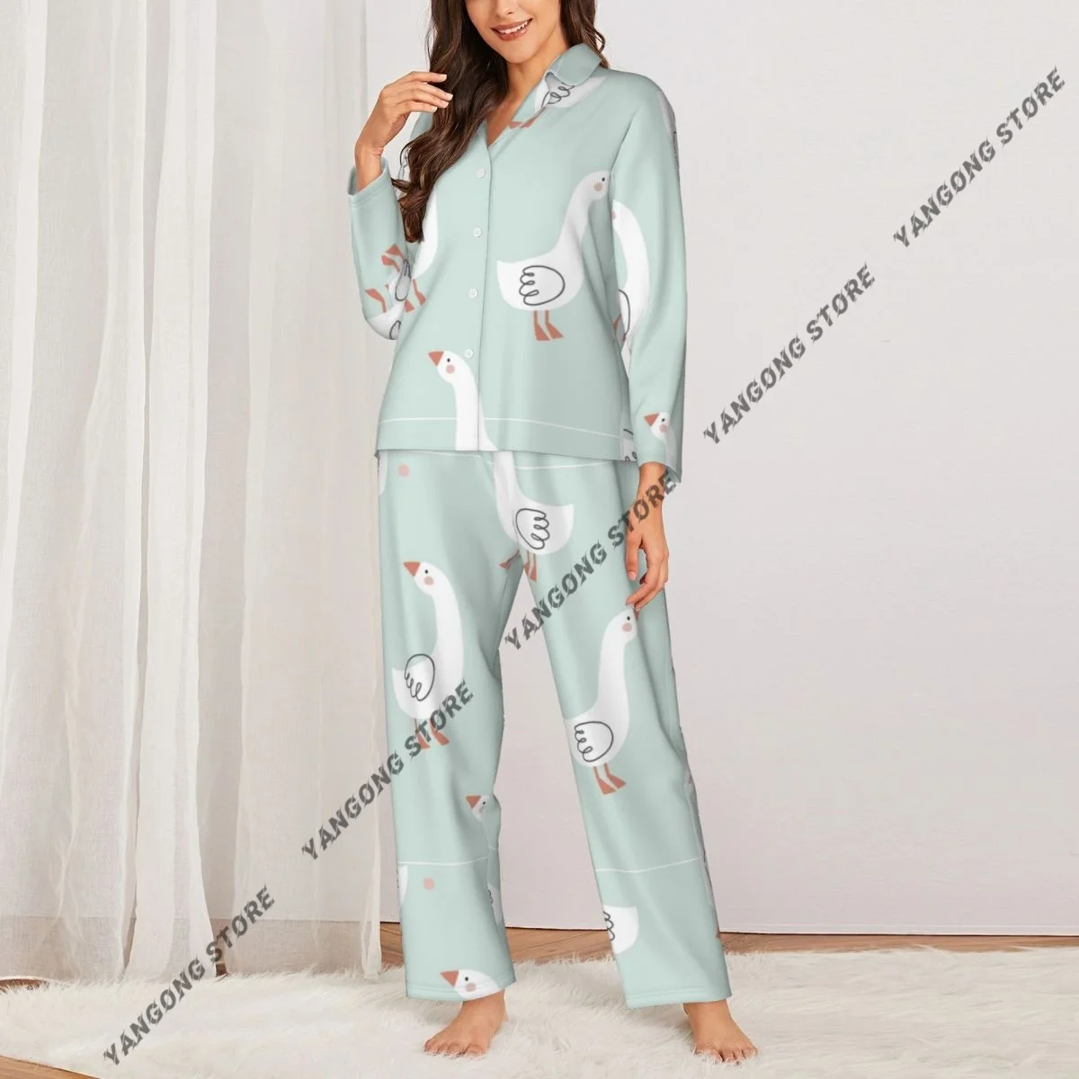 Women's Pajamas Long-sleeved Girl Loungewear Two-piece Set Cute Goose Pattern Pajamas for Autumn Spring
