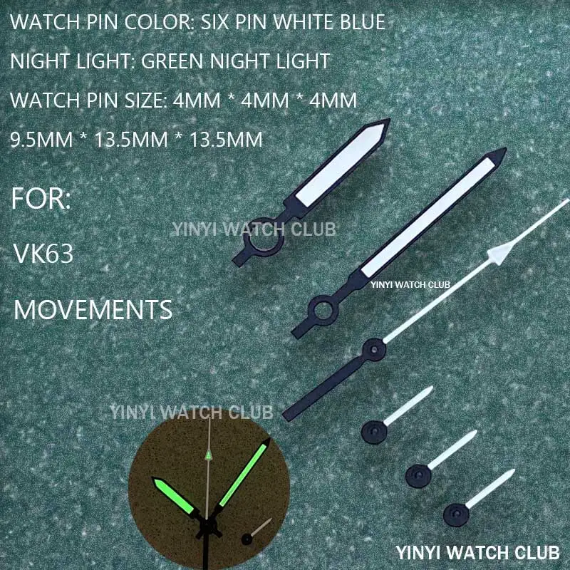 VK63 Watch hands Blue White with Green night ligiht Watch accessories six Watch pins for VK63 Movement