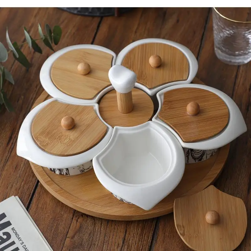 Fruit Platter Turntable with Lid Pattern Dessert Plate Snack Set Storage Box Afternoon Tea Table Supplies