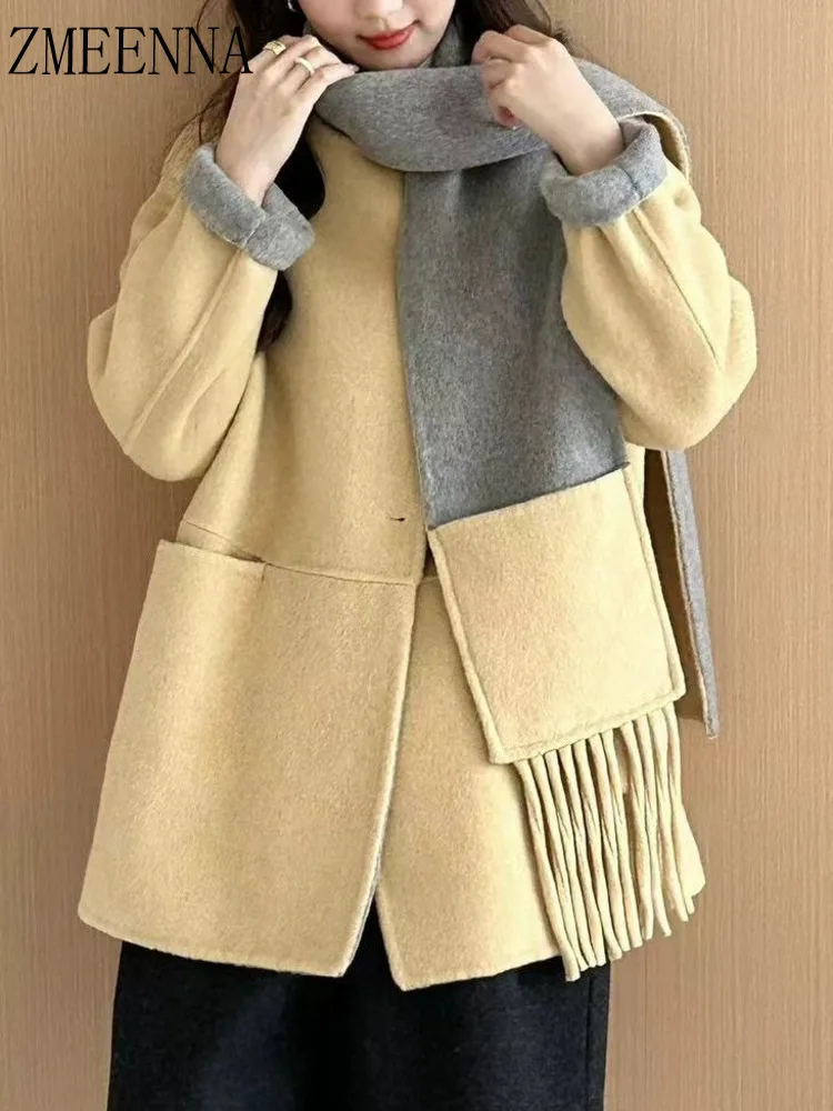 

ZMEENNA Women's Short Wool Blend Coat With Scarf Fringed Patch Pockets Long Sleeve Button Down Jacket Casual ZM3965