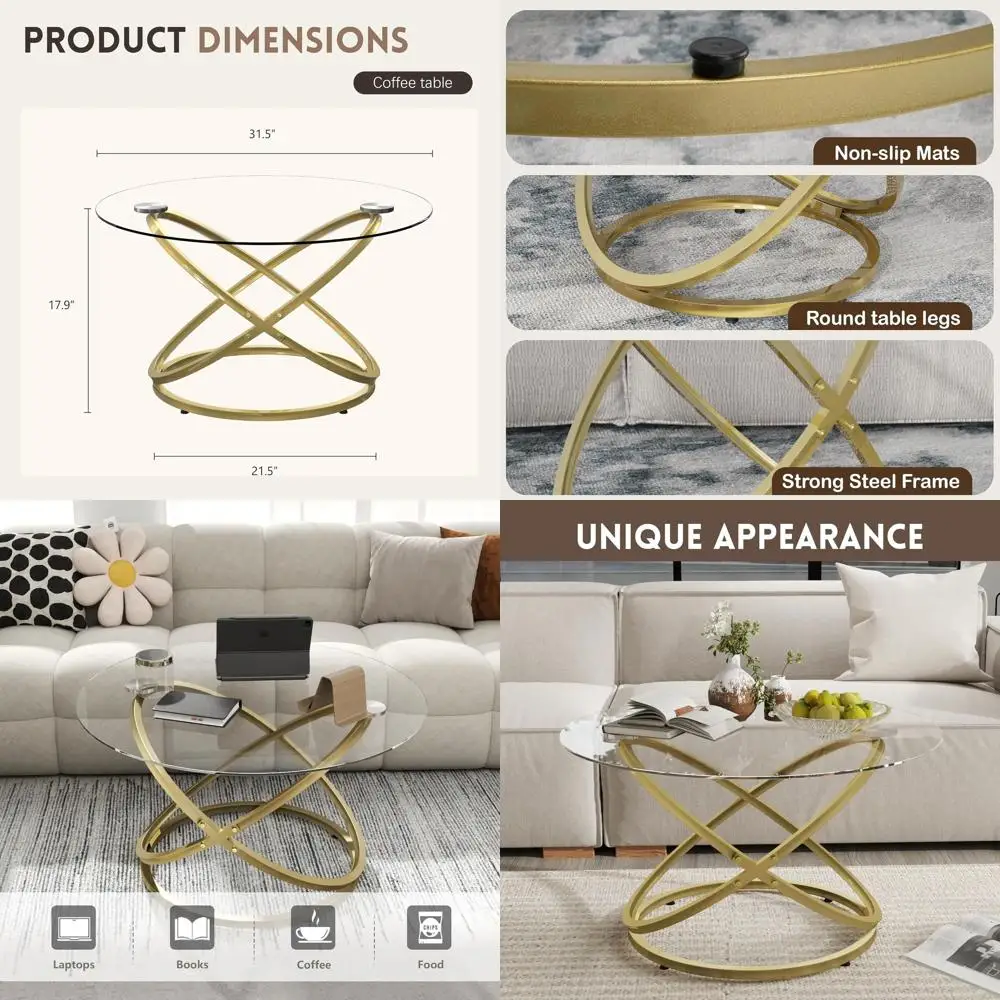 

Modern Gold Framed Glass Coffee Table for Living and Study Spaces