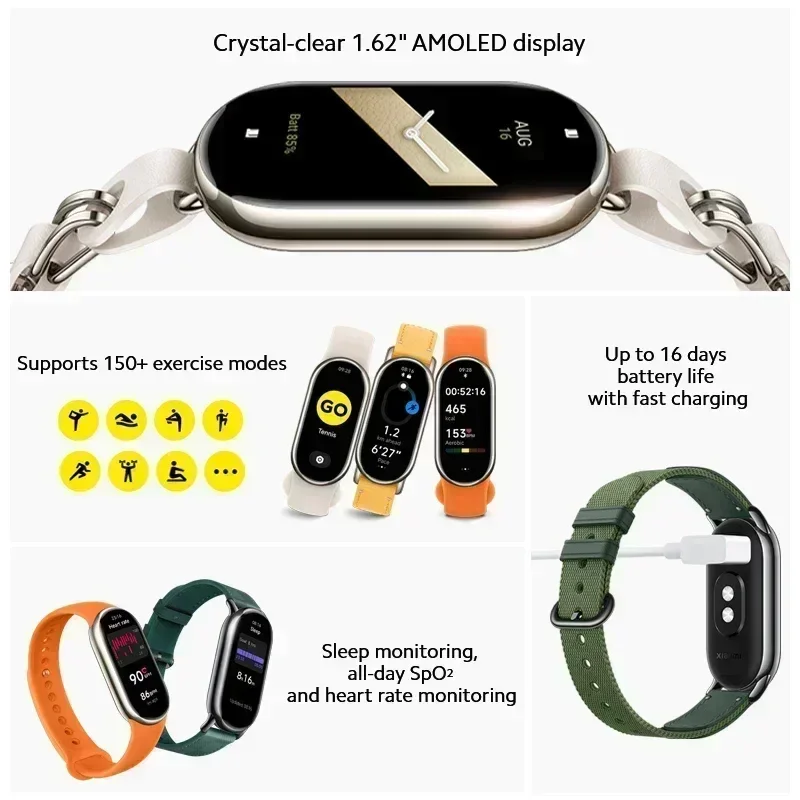 Global Version Xiaomi Smart Band 8 Blood Oxygen Monitor 1.62'' AMOLED Screen 16 Days Battery Life