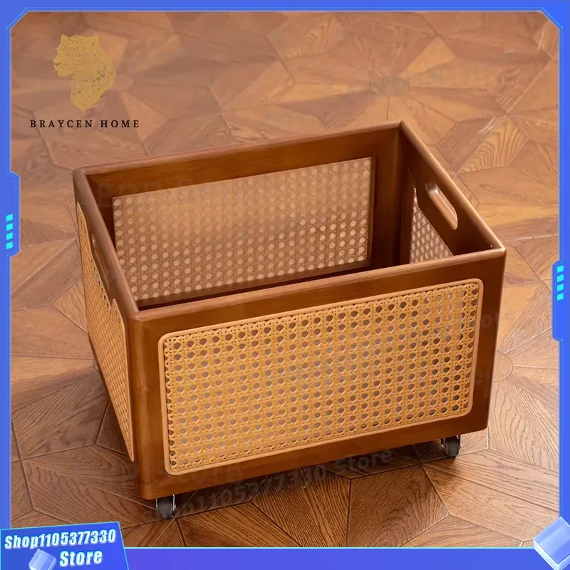 Bohemian Rustic Solid Rubberwood PE Rattan Storage Basket with Wheels Handles for Living Room Bedroom Home Organization Box