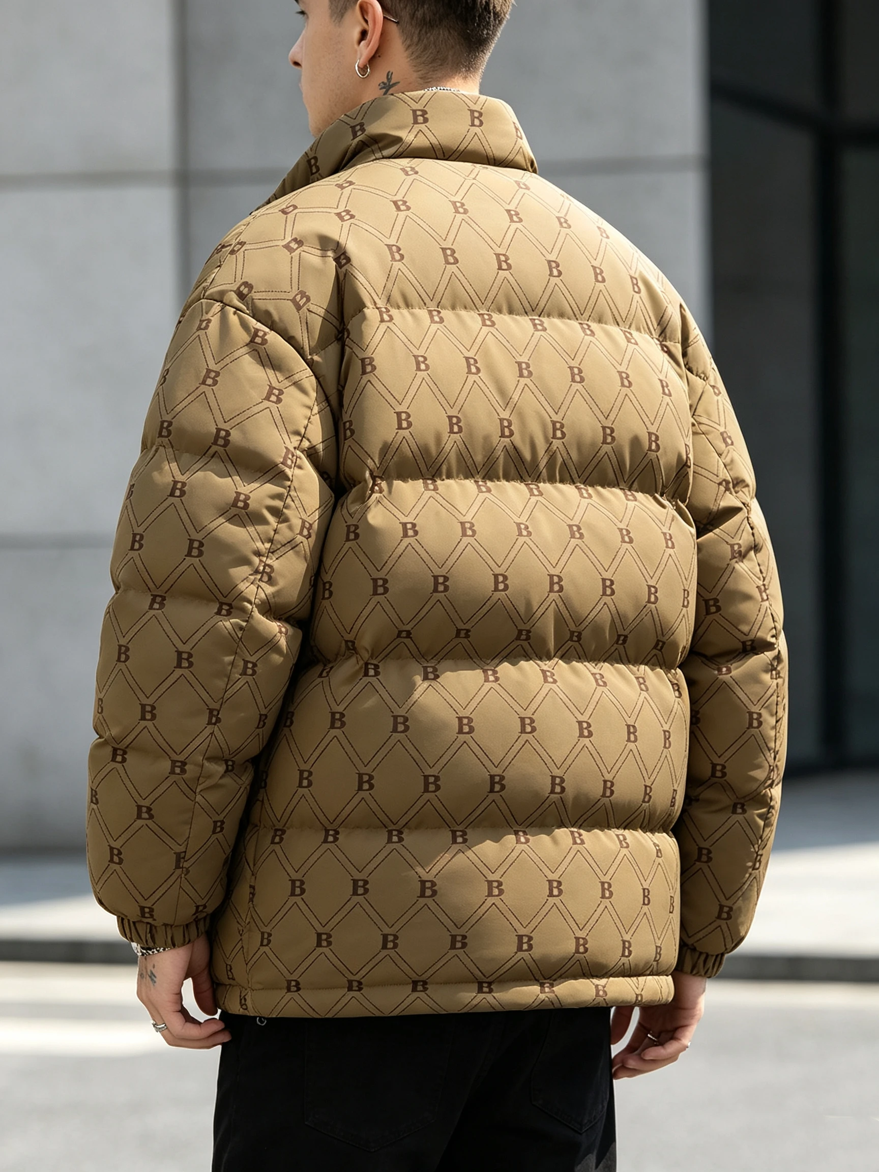 Men's Graphene Thermal Cotton Jacket Stand Collar Letter Print Winter Warm Loose Puffer Coat