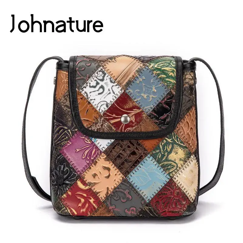 

Johnature Retro Genuine Leather Crossbody Bags For Women Random Color Stitching Cowhide Leisure Portable Female Shoulder Bag