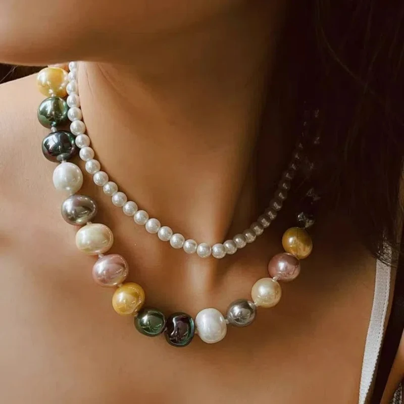 

Bohemia Mixed Color Imitation Shell Pearl Necklace Heavy Clavicle Chain Autumn Winter New Personality Sweater Chain for Women