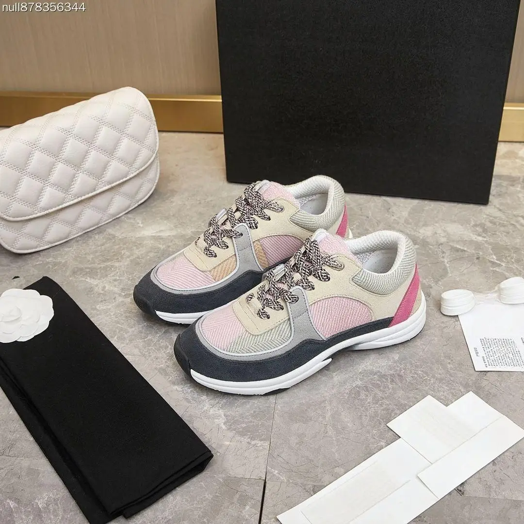 Unisex Pink‑Beige Tweed Suede Splicing Sneakers Lace‑Up Retro Casual Sports Shoes for Men Women