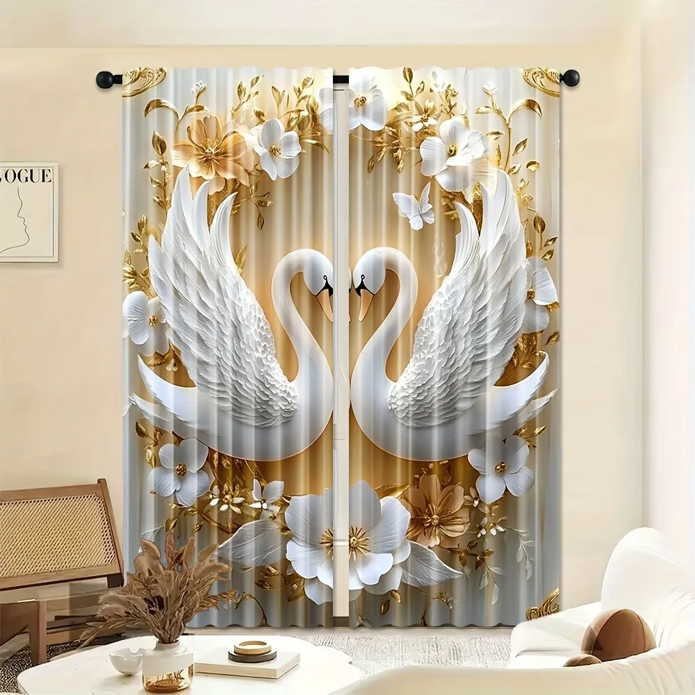 2pcs Elegant Swan & Floral Print Curtains – White & Gold Polyester for Living Room, Bedroom, Study – Artistic Home Decor