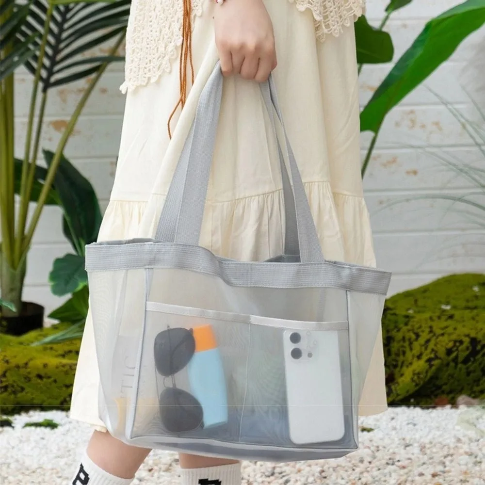 

Large Capacity Mesh Beach Bag Transparent Nylon Folding Travel Net Handbag Portable Comfortable Handle Mesh Clothing Pocket