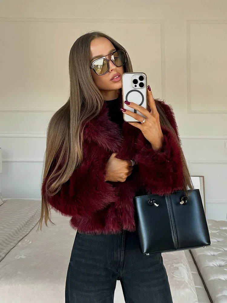 Burgundy Warm Fluffy Faux Fur Short Jacket Women's Vintage Lapel Long Sleeve Plush Coat 2024 Winter Lady Cropped Street Outwear