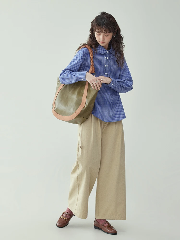 AMUU Original Japanese Style Plaid Doll Collar Pure Cotton Button Long Sleeve Women's Shirt Spring Inner Wear Top Loose Fit
