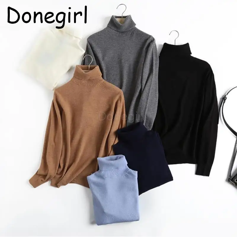 Donegirl Women 2023 New Autumn Fashion Turtleneck Knitted Sweater Pullovers Solid Multicolor Slim Pullovers Female Tops Chic