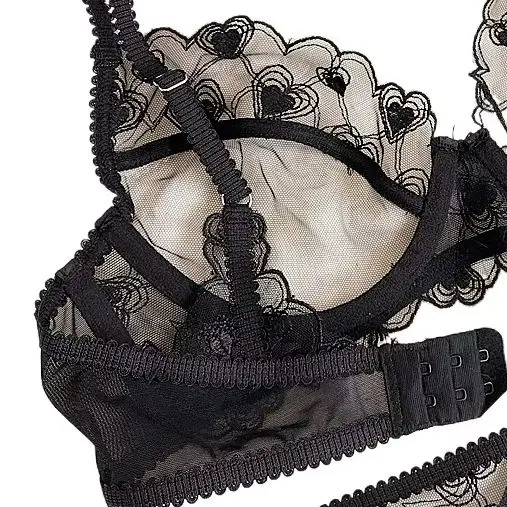 KUCLUT embroidery ultra-thin transparent mesh gauze with steel ring bra set women large size sweet spicy underwear brassiere