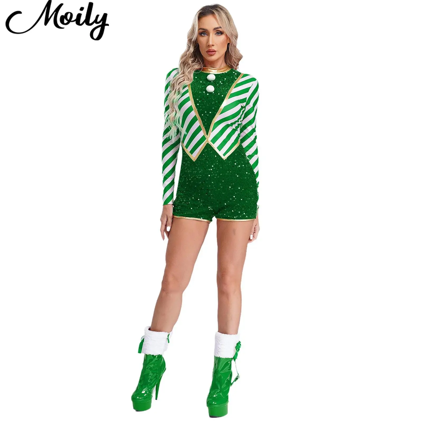 Women Cosplay Candy Cane Costume Xmas Party Christmas New Year Clothes Ballet Dance Gymnastics Leotard Stripe Sequin Bodysuit