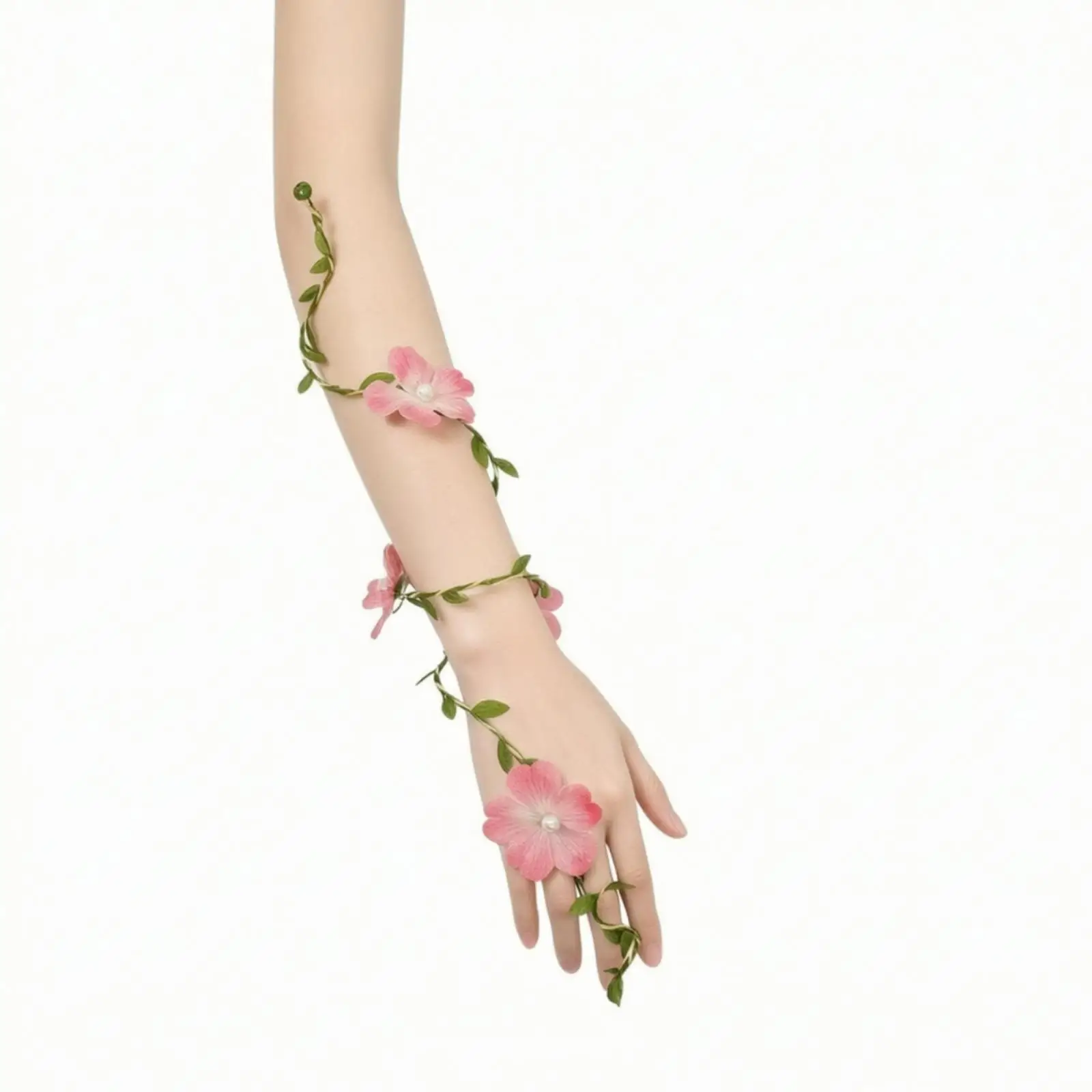 Floral Wrist Garland Fairy Party Accessory for Women Polyester Textile Flower Bracelet with Pearl Center Leaf Detail for