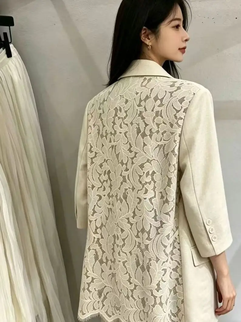 Casual Lace Splicing Women's Suit Jacket Hollow Design Seven Sleeve Fashion High-End Feel Small Western Style Straight Cut