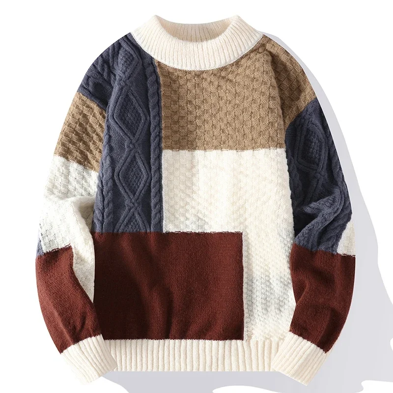 

New Autumn Winter Sweater Men Fashion Patchwork Knitted Pullovers Mens O Neck Casual Sweaters Streetwear Knitting Pullover ZL131